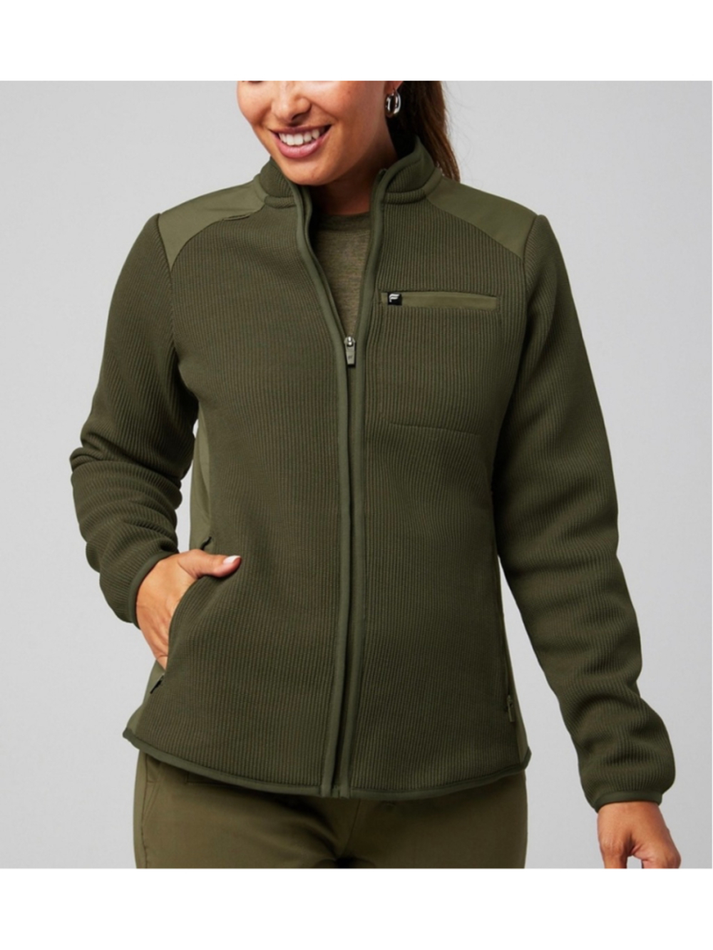 Fabletics Pace Knit Scrub Jacket Utility Green Full Zip Mock Neck Medium M